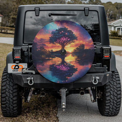 a tire cover with a painting of a tree on it