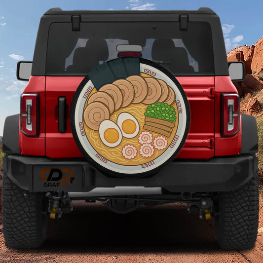 a red Jeep Wrangler with a large tire cover on the back, depicting a ramen noodle dish with eggs and vegetables.