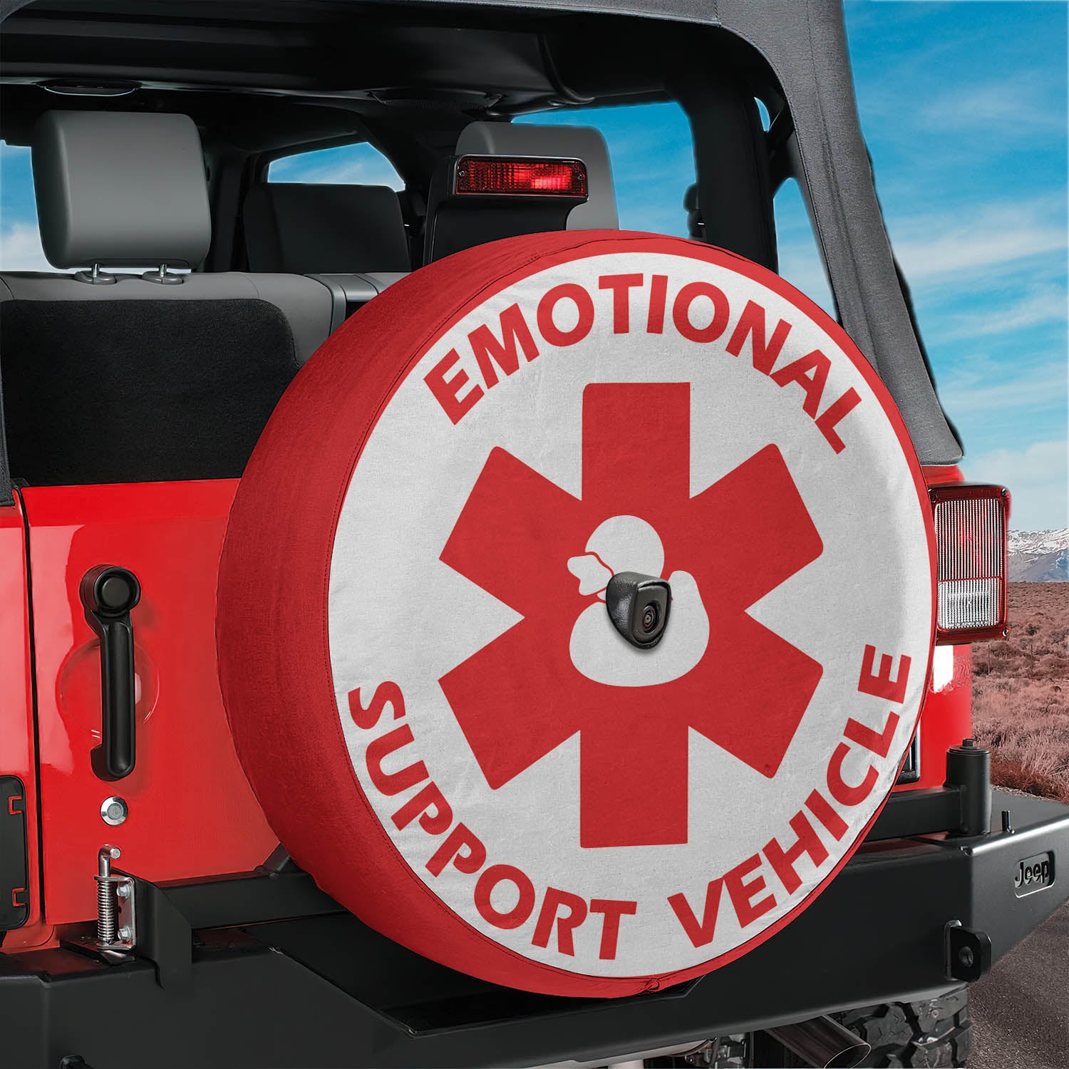 a red and white sign on the back of a jeep