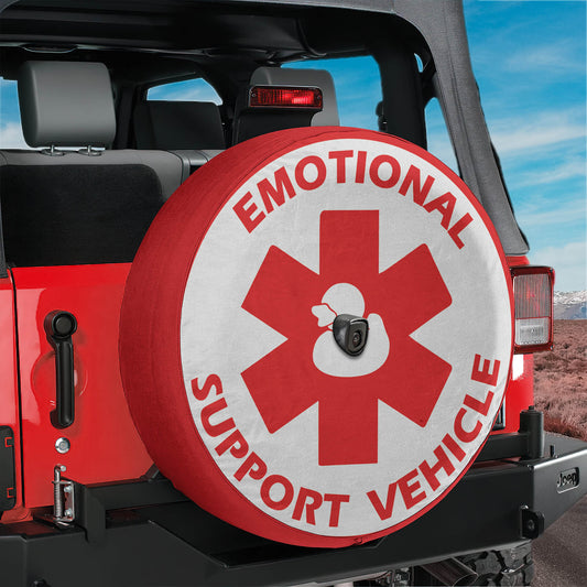 a red and white sign on the back of a jeep