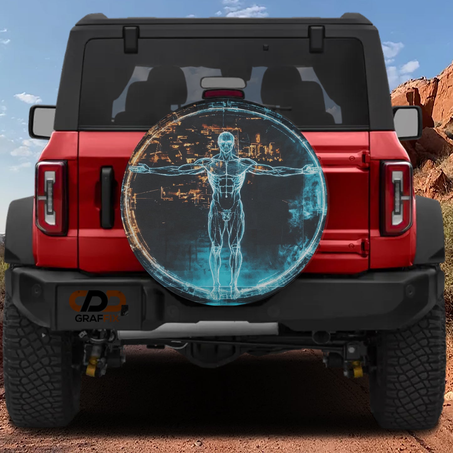 a red Jeep Wrangler with a large circular decal on the rear window depicting a human figure.