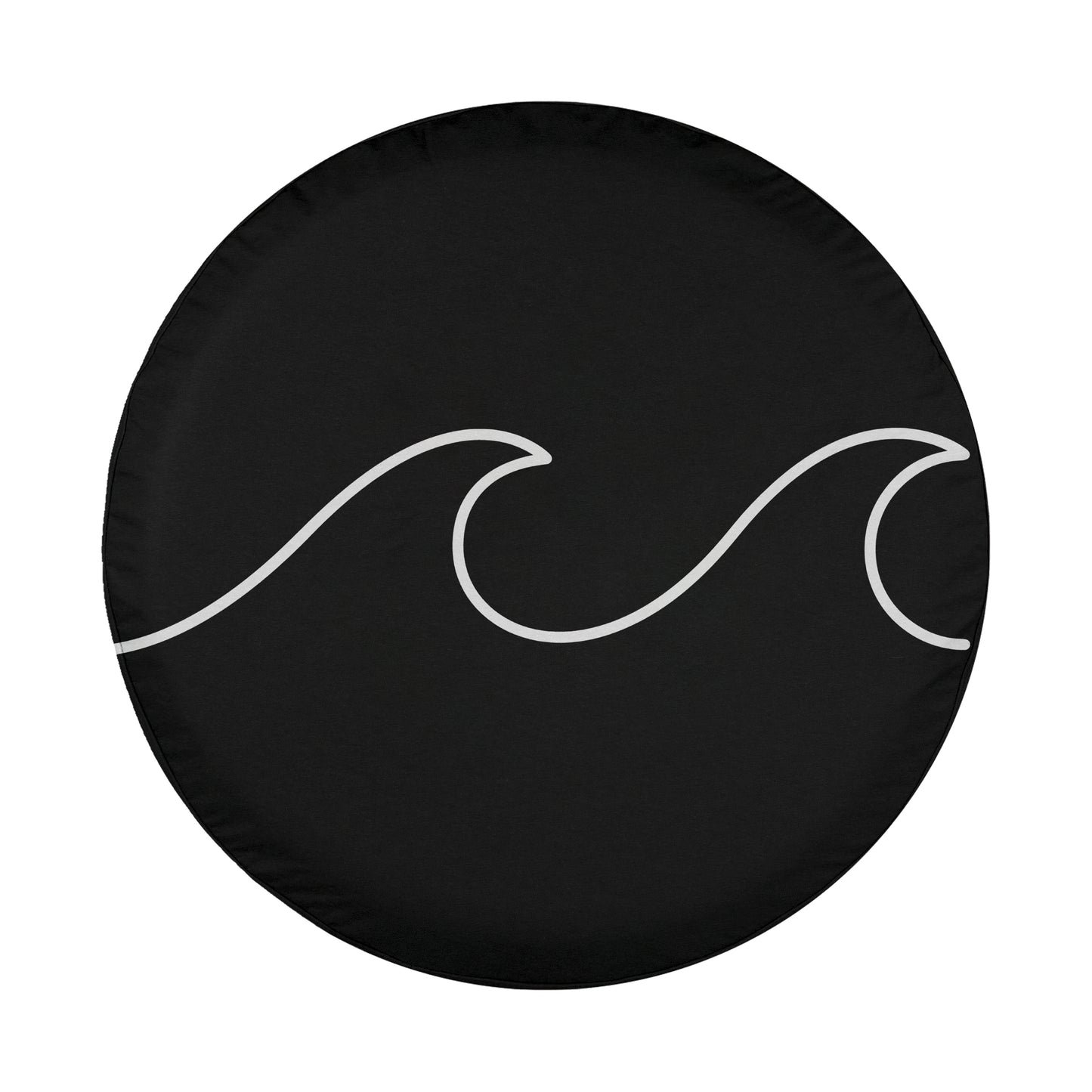 A black tire cover with a white wave design on it.