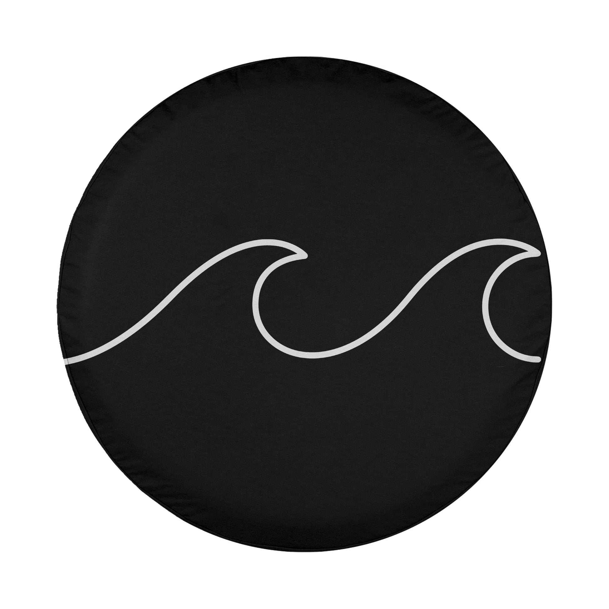 A black tire cover with a white wave design on it.
