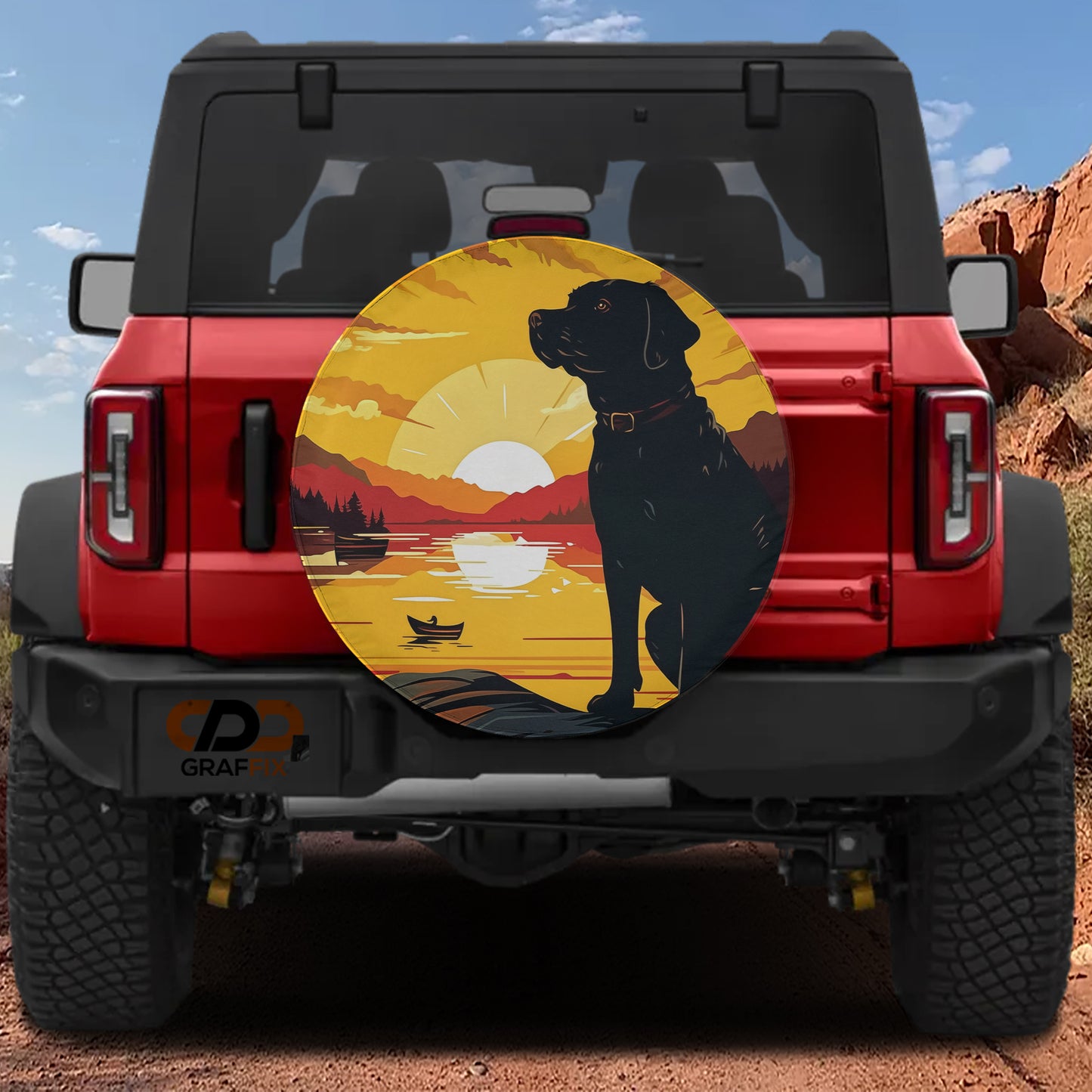 a red Jeep Wrangler with a large, circular spare tire cover depicting a black dog sitting on a rocky outcropping, with a sunset and boats in the background.