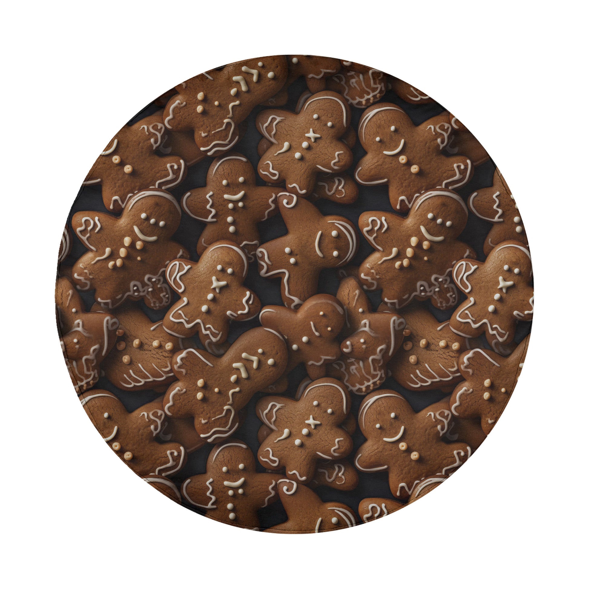 a circular arrangement of numerous gingerbread cookies, each with a unique design and color, creating a visually appealing and festive display.