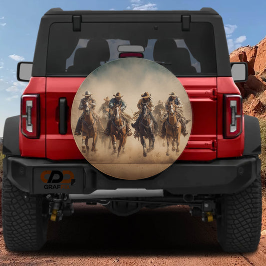 A red Jeep Wrangler with a large round decal on the rear window depicting a group of people riding horses.