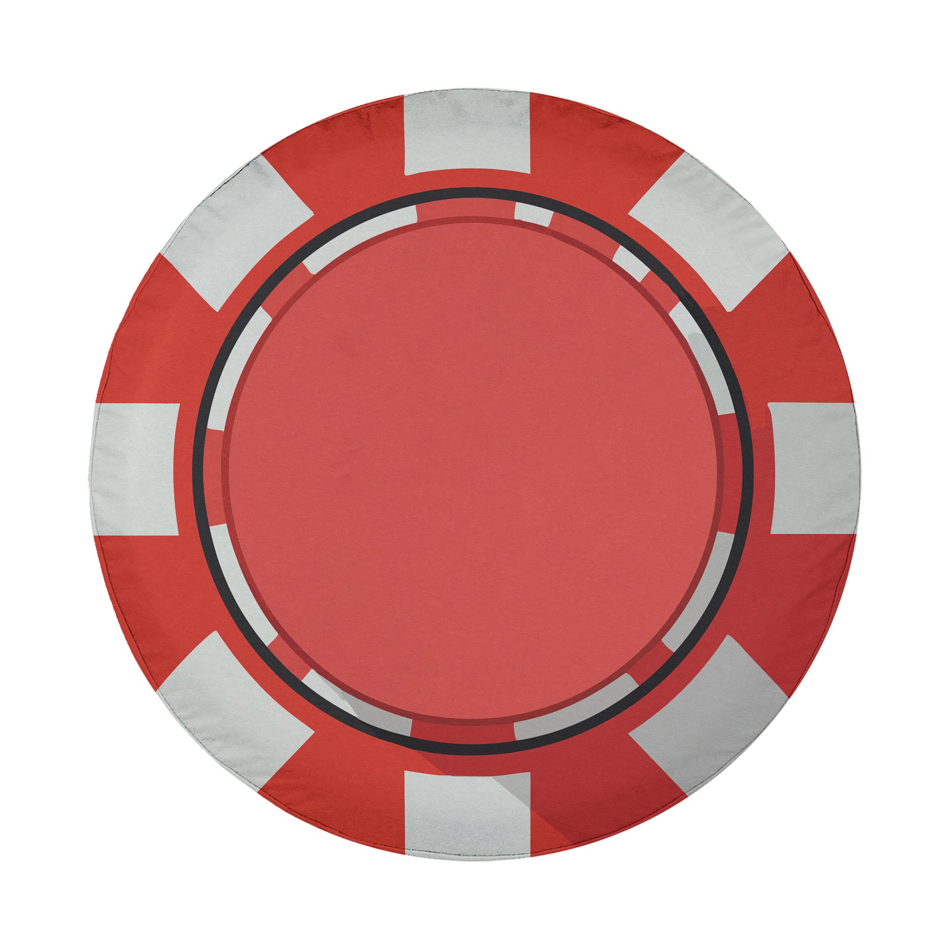 a red and white circular object with a black border, resembling a casino chip or poker chip.