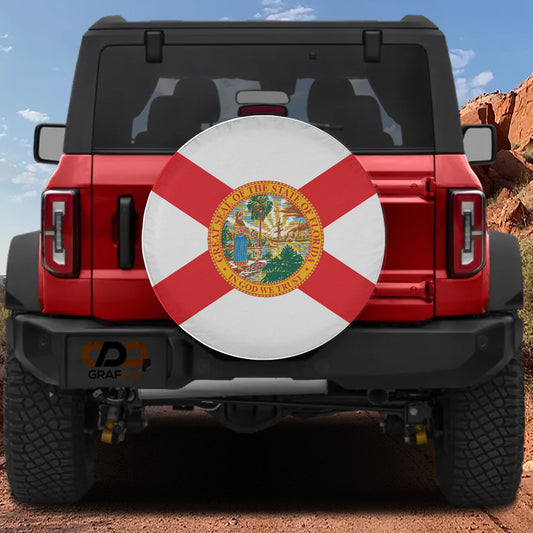 the back of a red Jeep Wrangler with a Florida state flag decal on the rear window.