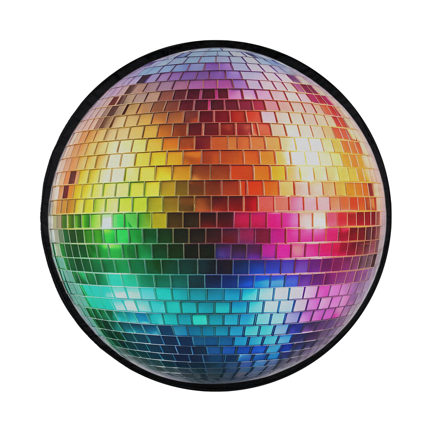 A colorful, disco ball-like sphere with a vibrant, multicolored pattern of small square tiles.