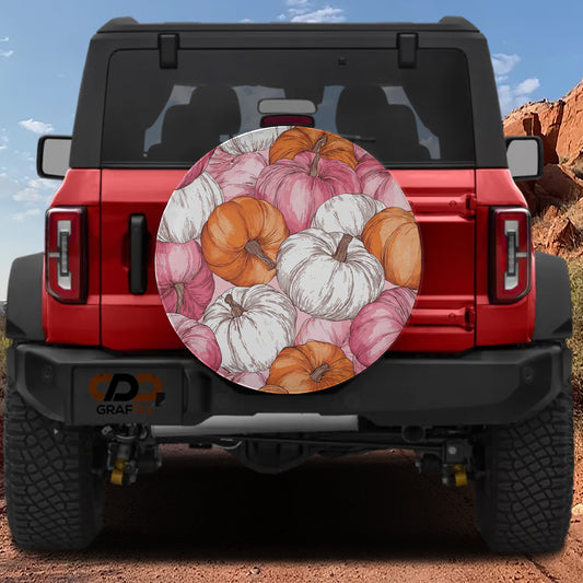 a red Jeep Wrangler with a large pumpkin-themed decal on the rear window.