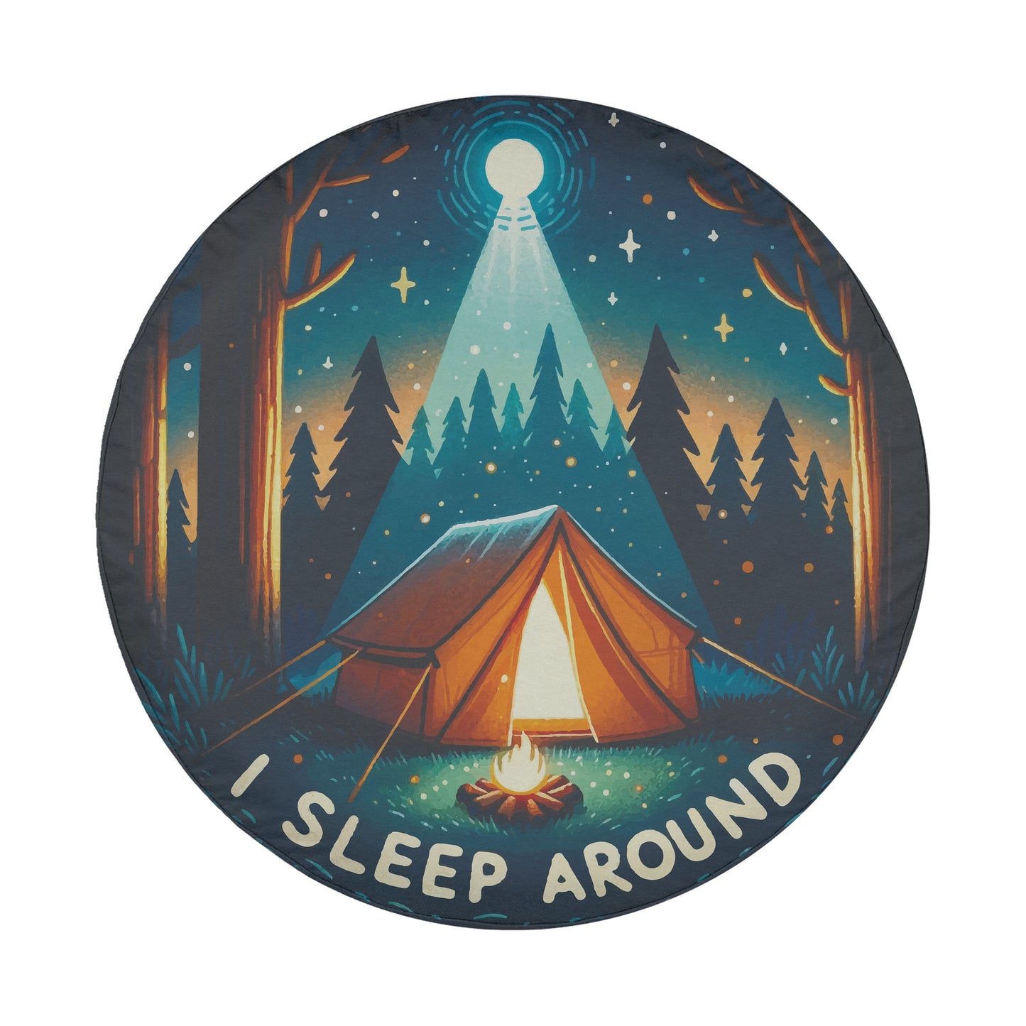 A circular image depicting a tent in a forest setting, with a campfire and a bright moon in the sky. The text "I SLEEP AROUND" is written around the edge of the circle.