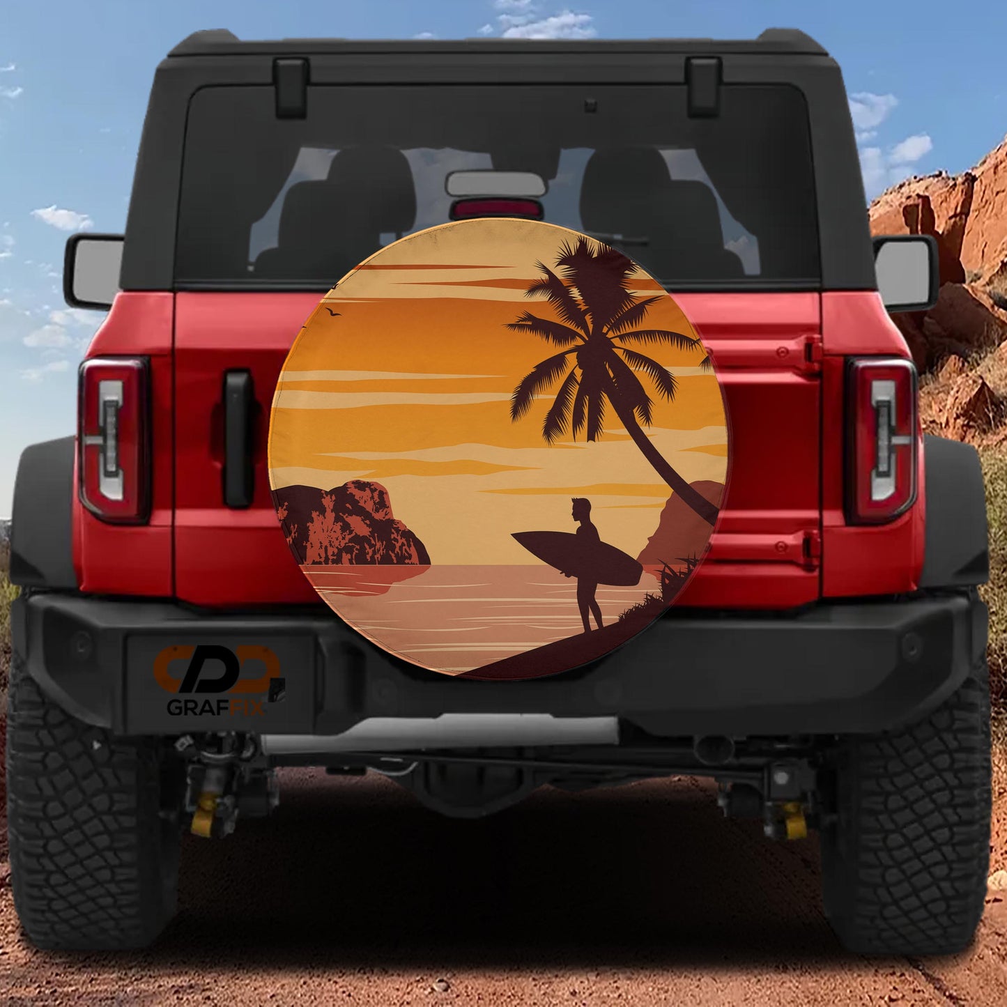 a red Jeep Wrangler with a surfboard decal on the rear window, set against a desert landscape with a palm tree and sunset.