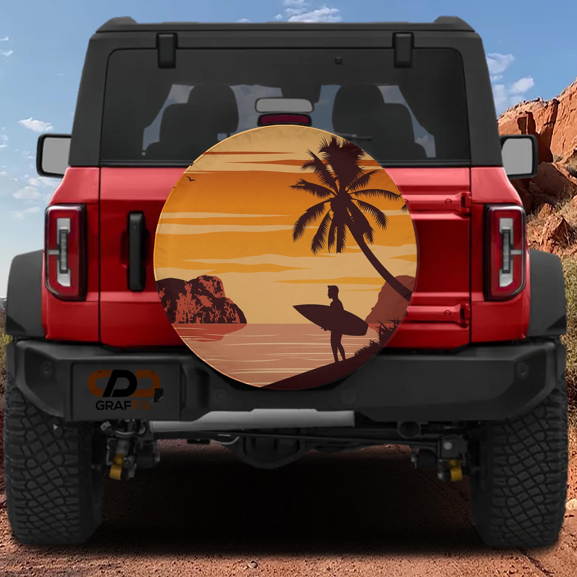 a red Jeep Wrangler with a surfboard decal on the rear window, set against a desert landscape with a palm tree and sunset.