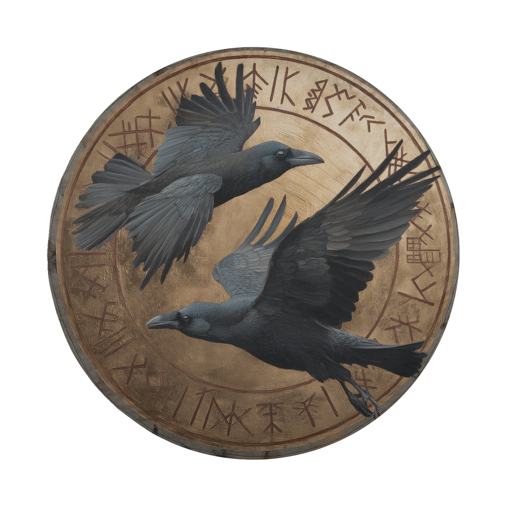 two black birds in flight, with intricate designs and patterns around them.