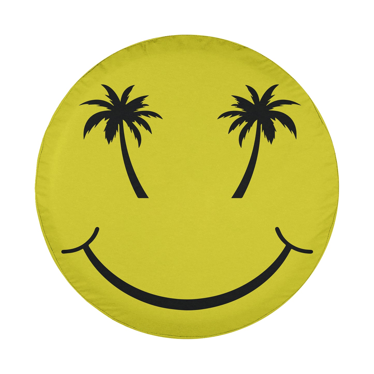 A yellow smiley face with two palm tree silhouettes on either side.