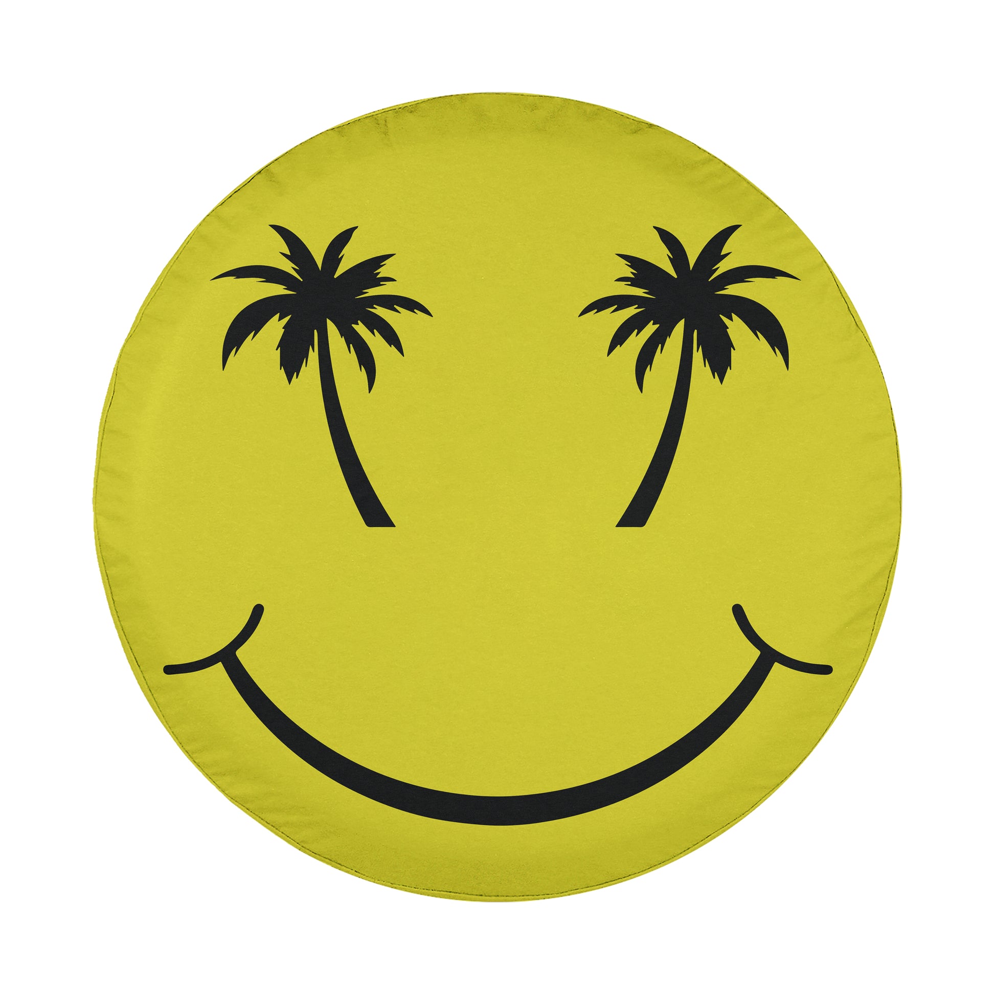 A yellow smiley face with two palm tree silhouettes on either side.