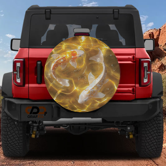 A red Jeep Wrangler with a large, eye-catching fish decal on the rear window.