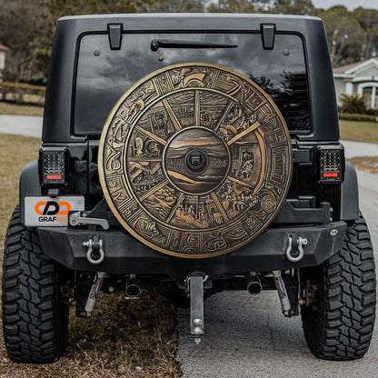 a black jeep with a gold sun symbol on it