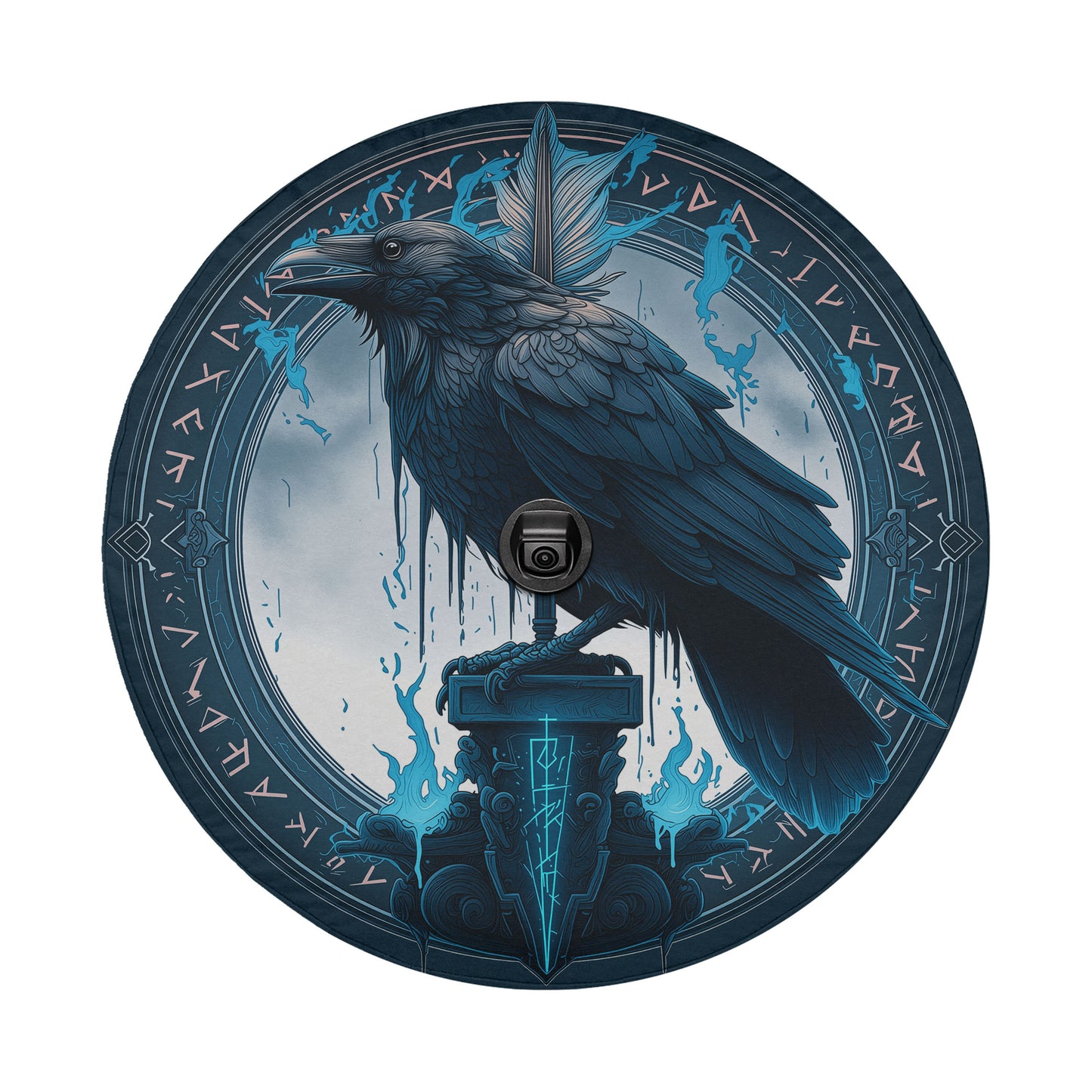 a large, dark-colored bird, possibly a raven, perched on a pedestal with a camera attached to it. The bird is surrounded by a circular frame with intricate designs and symbols, creating a visually striking and artistic composition.