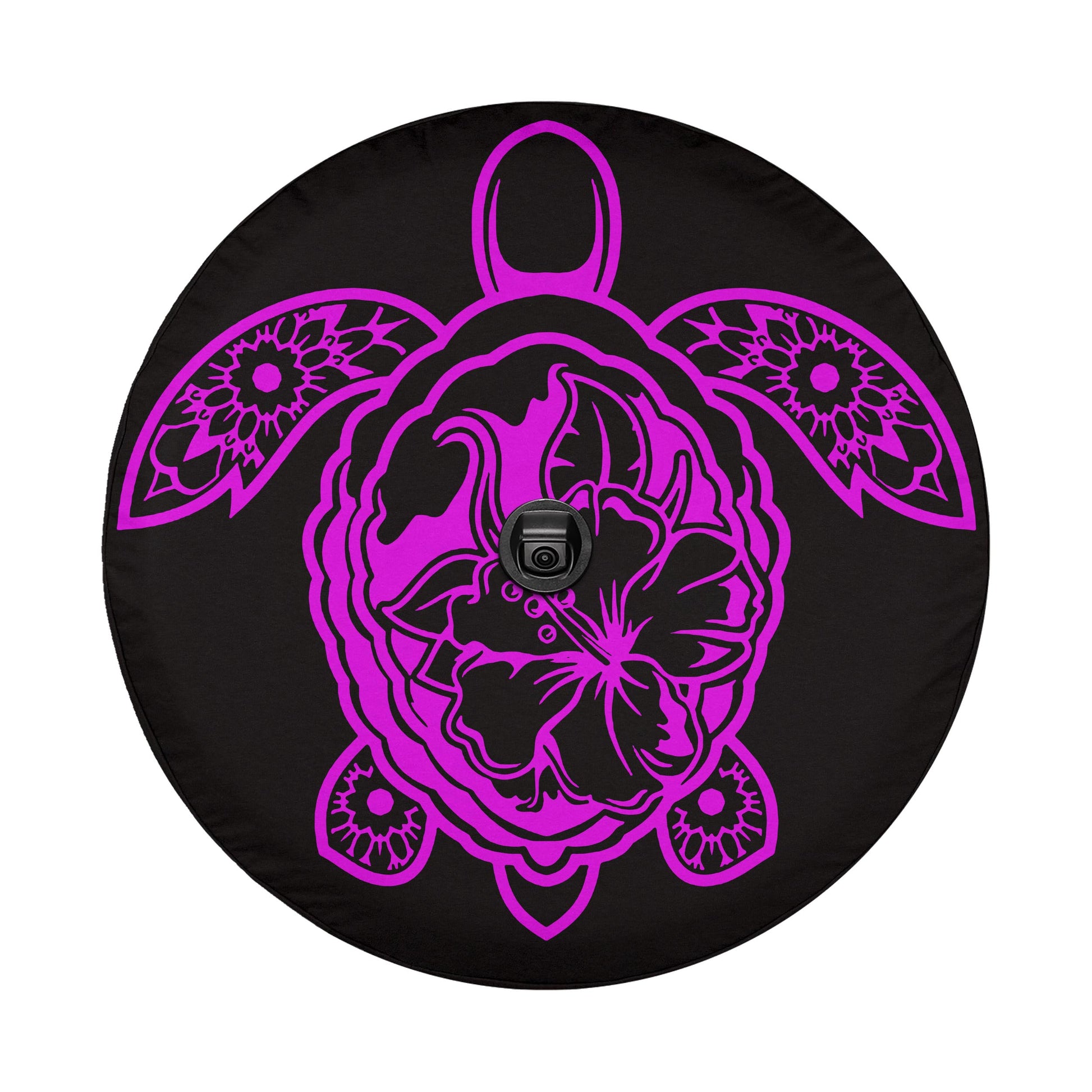 A black wheel cover with a pink and purple turtle design on it.