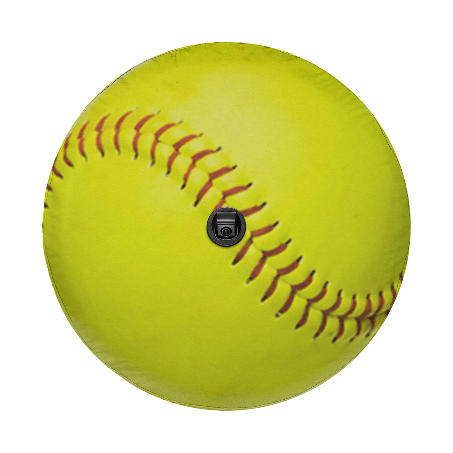 A bright yellow softball with red stitching.