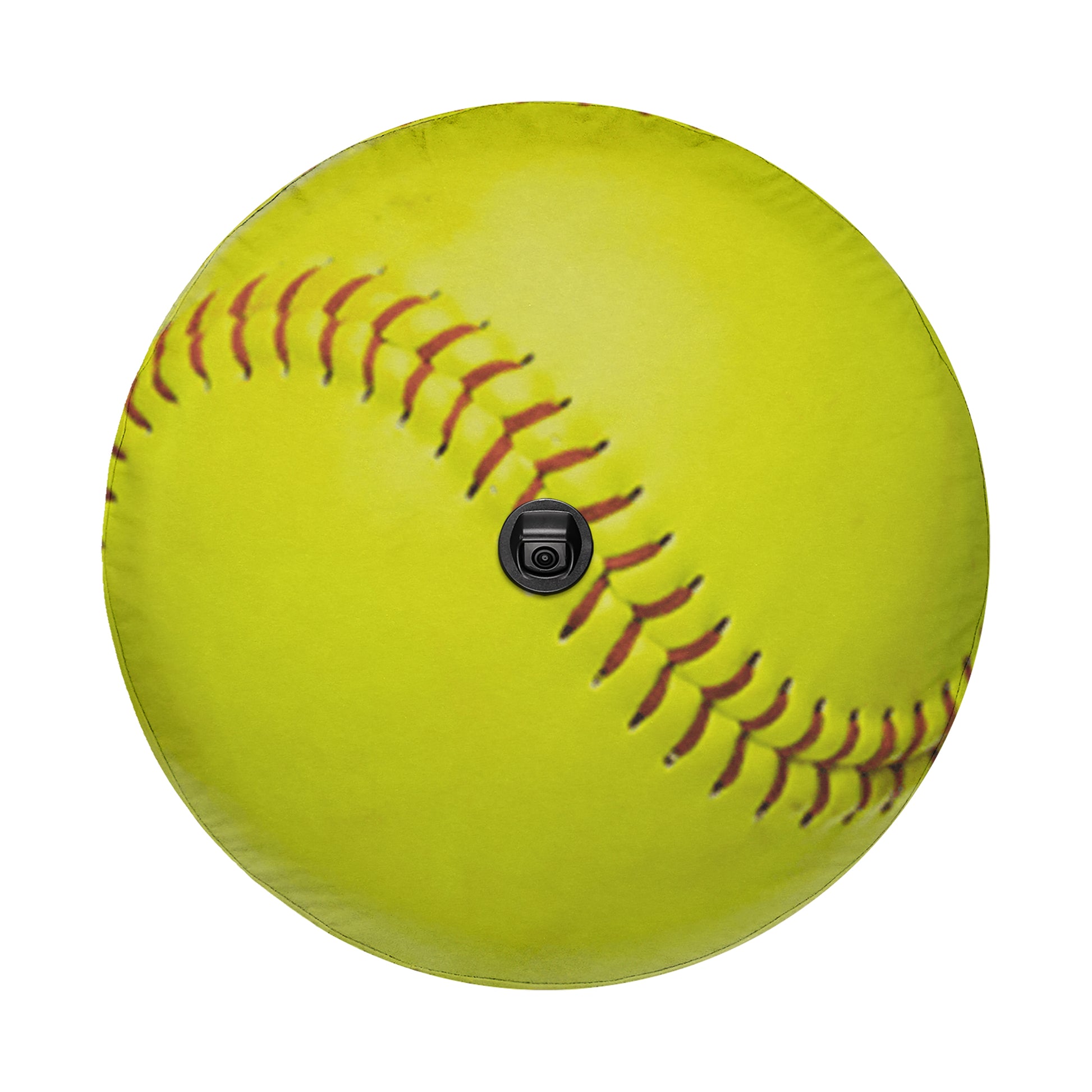 A bright yellow softball with red stitching.