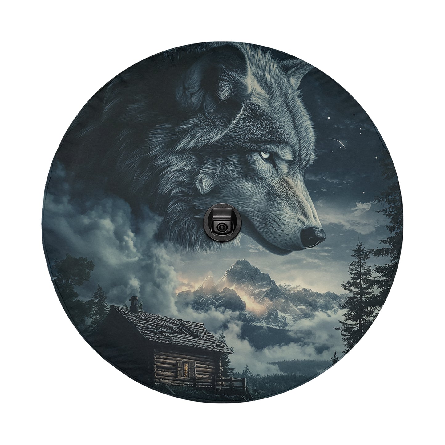 A large, majestic wolf with piercing eyes stands in the center of the image, surrounded by a cloudy night sky, a cabin, and a mountain range.