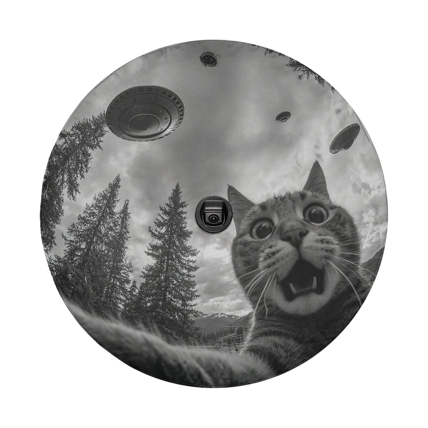 A black and white image of a cat with wide-open eyes and an expression of surprise, surrounded by trees and flying saucers in the sky.