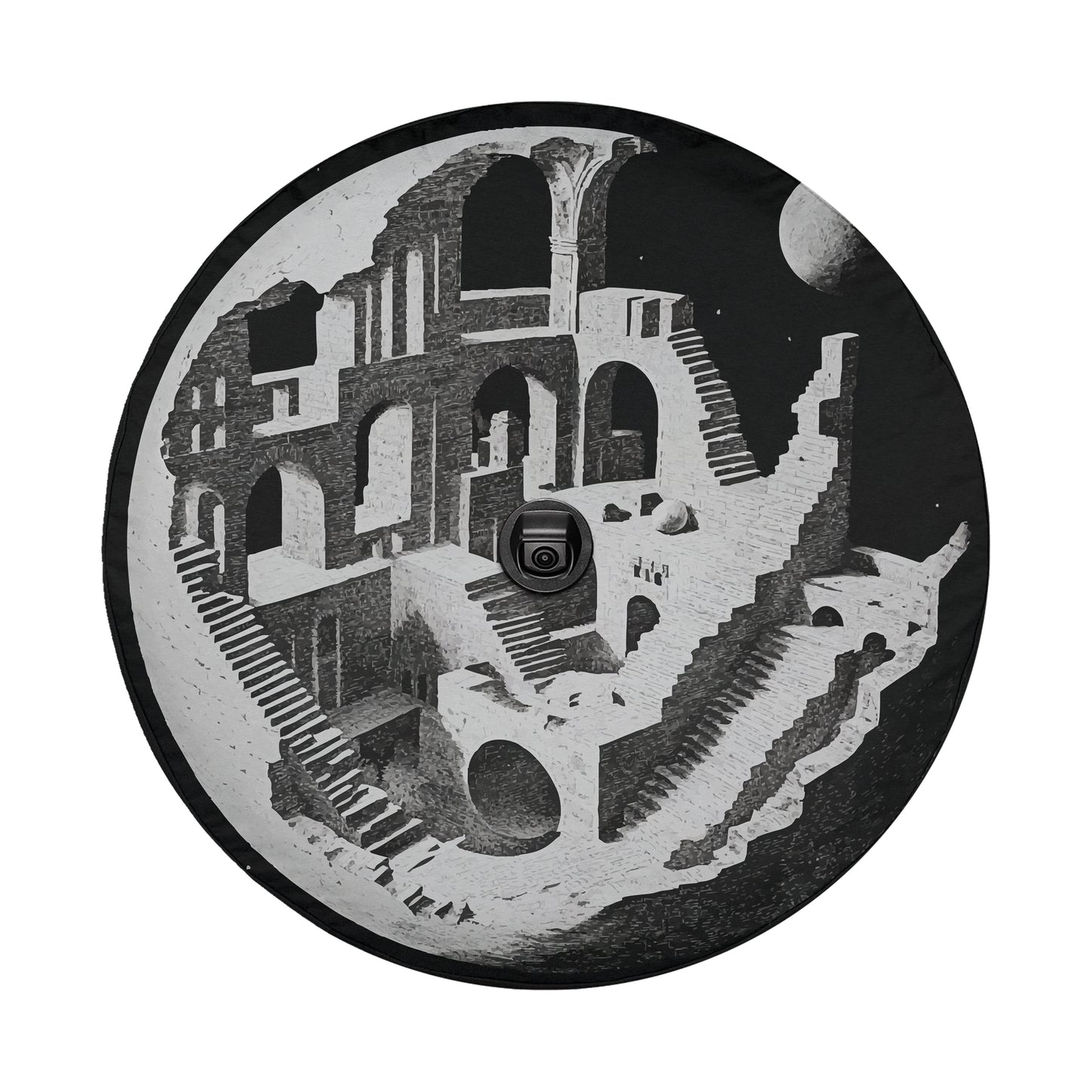 A black and white image depicting a complex architectural structure with multiple levels, arches, and staircases, creating an optical illusion that appears to be a part of a larger, interconnected design.