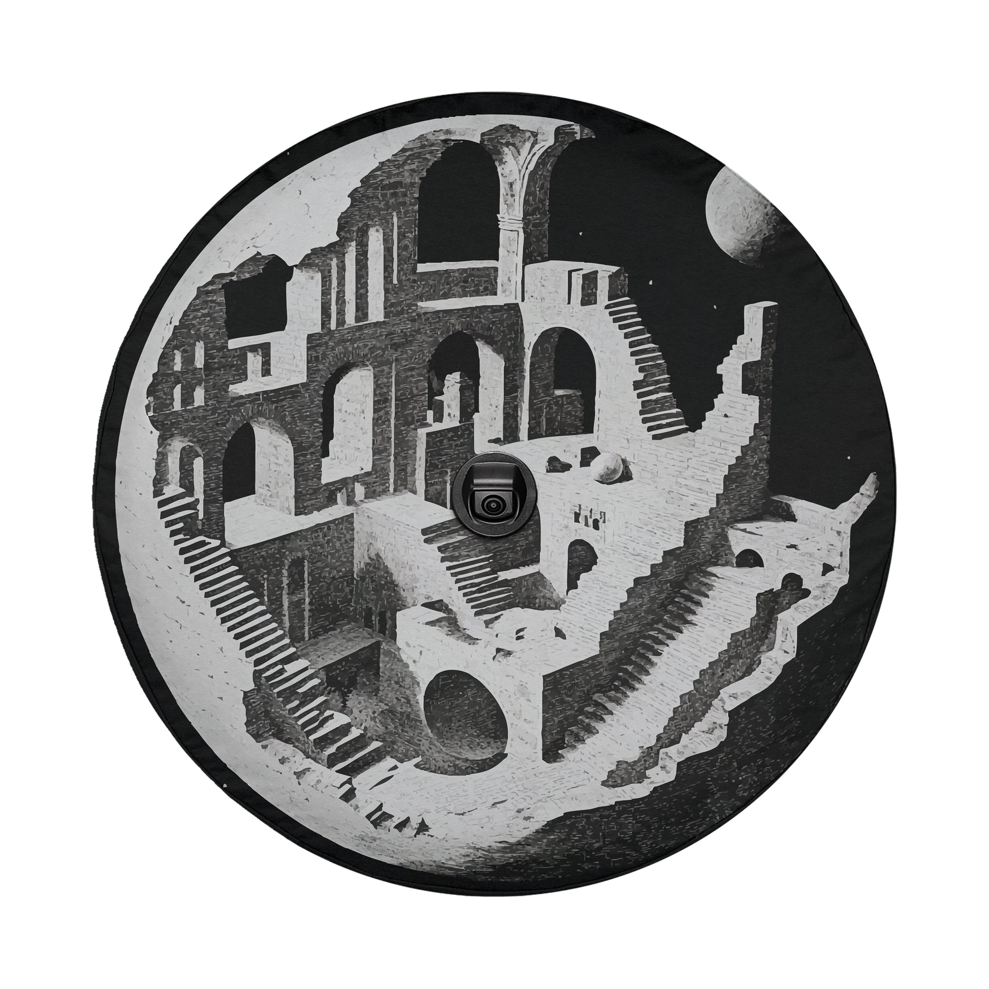 A black and white image depicting a complex architectural structure with multiple levels, arches, and staircases, creating an optical illusion that appears to be a part of a larger, interconnected design.