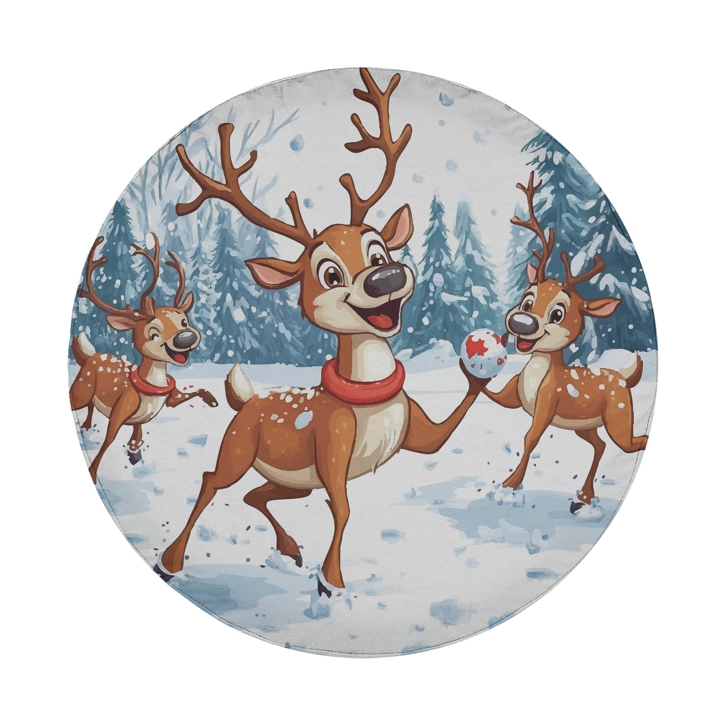 A group of cartoon reindeer playing in the snow, with one reindeer holding a snowman.