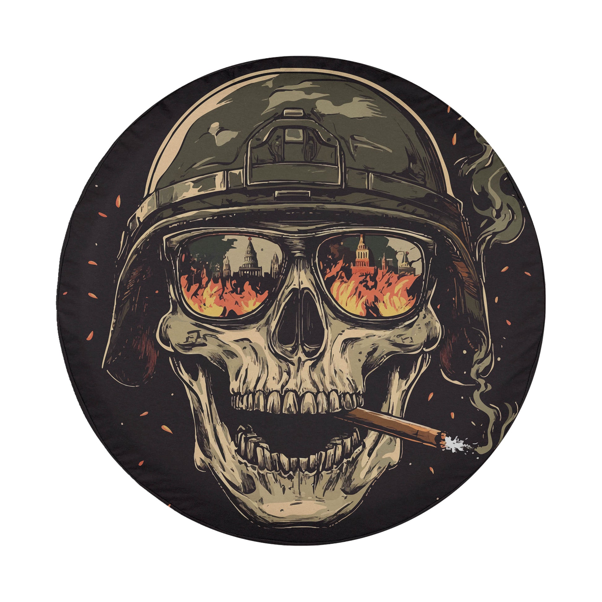 A skull wearing a helmet and smoking a cigarette, with a cityscape visible through the helmet's visor.