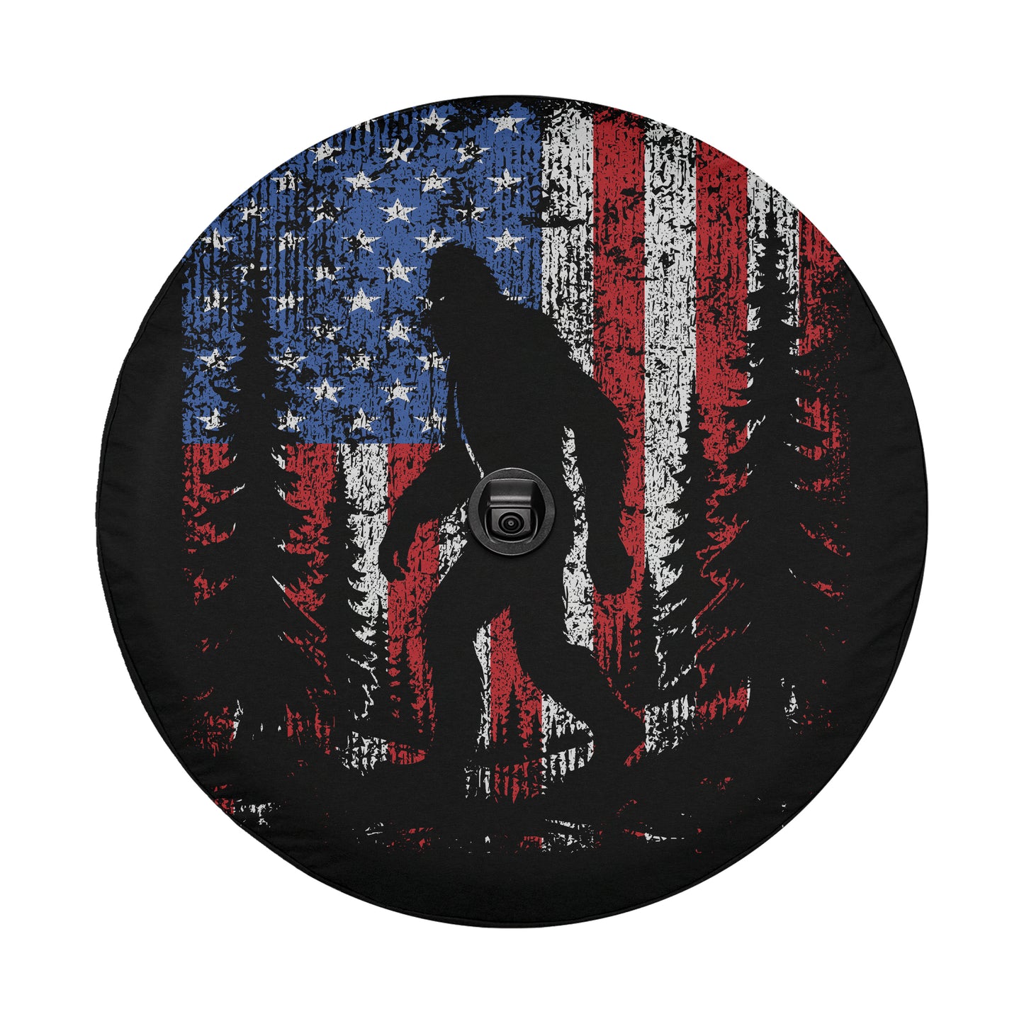A silhouette of a Sasquatch, a mythical creature, is depicted against the backdrop of the American flag.