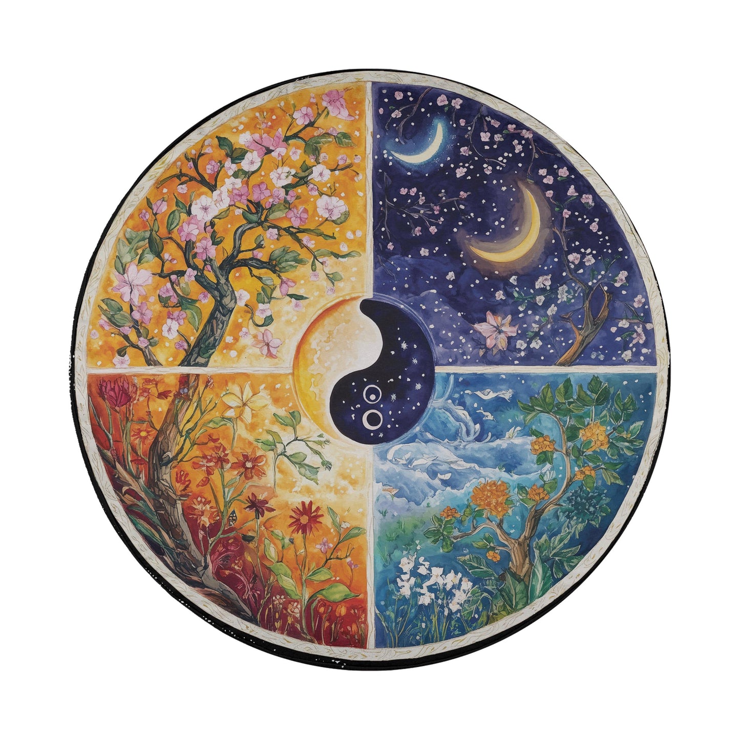 A circular design featuring four distinct sections, each representing a different season: spring, summer, autumn, and winter. The sections are filled with vibrant colors and natural elements, such as flowers, leaves, and trees.