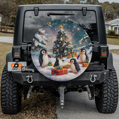 a decorated jeep with penguins and a christmas tree
