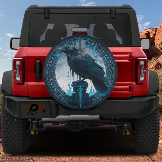 a red Jeep Wrangler with a large, circular decal on the rear window depicting a black crow.