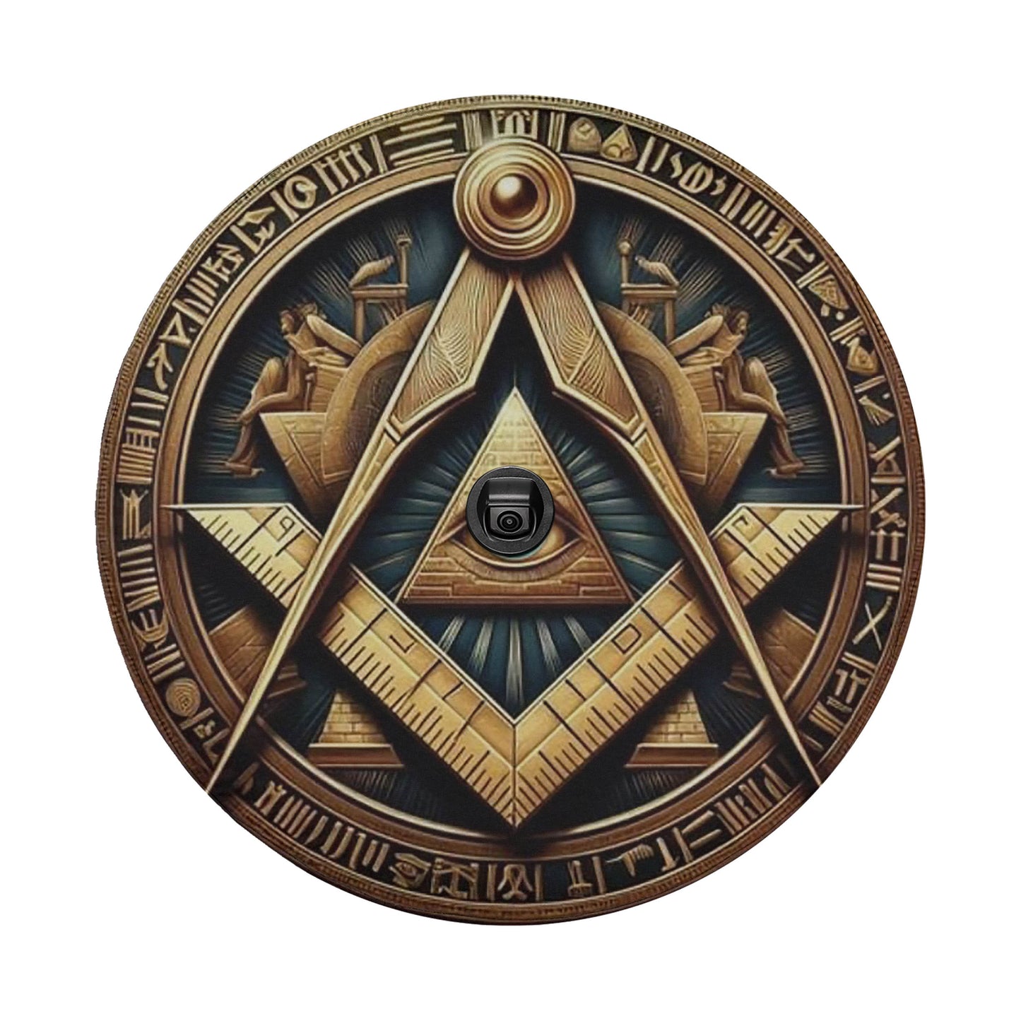 a circular design with a compass and a pyramid motif, surrounded by various symbols and text.