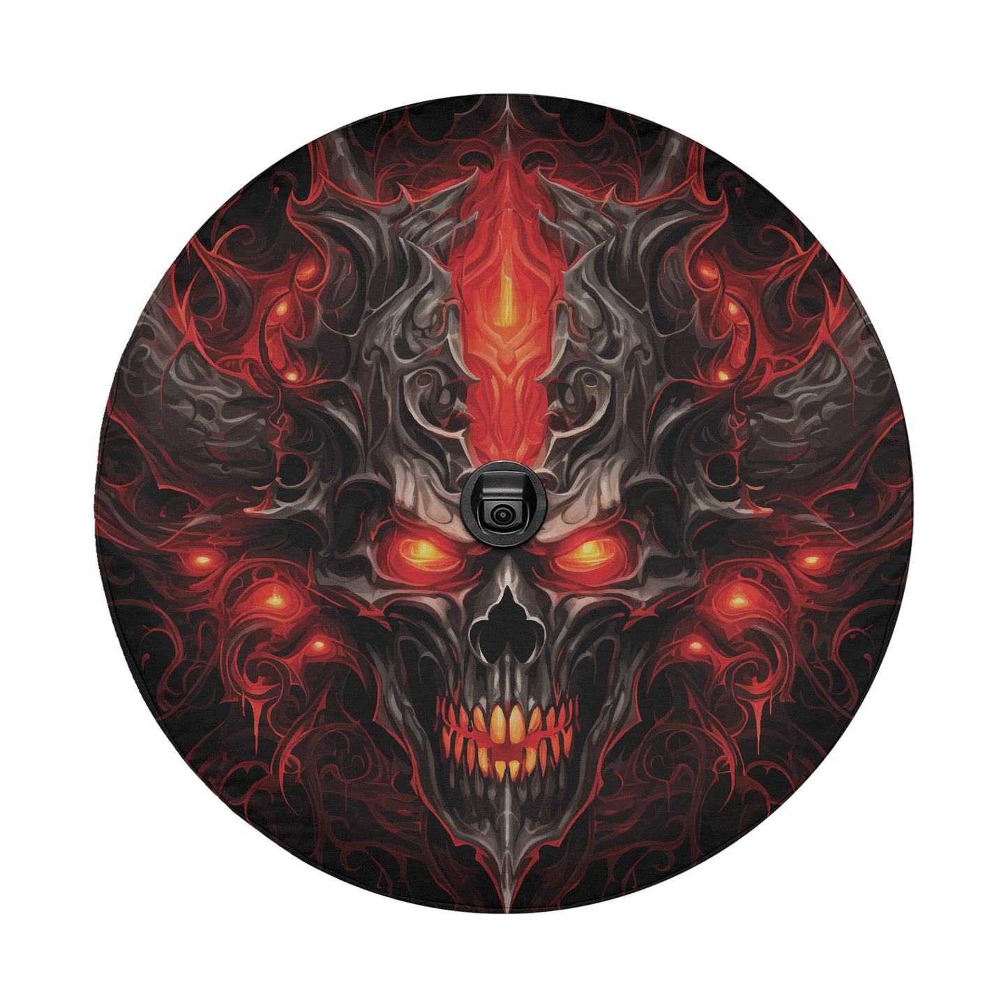 a picture of a skull with red eyes