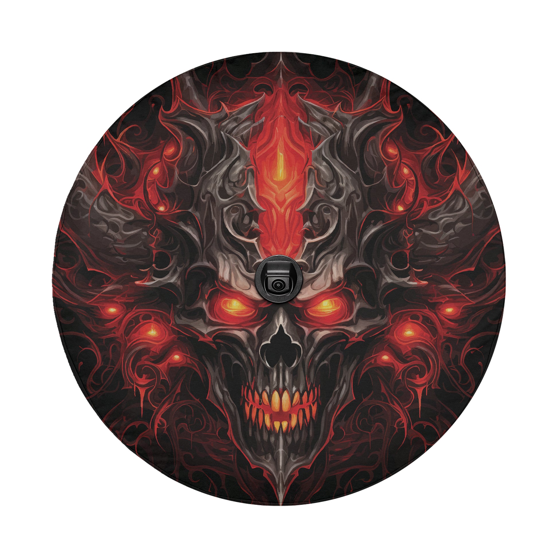 a picture of a skull with red eyes