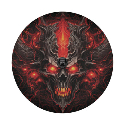 a picture of a skull with red eyes