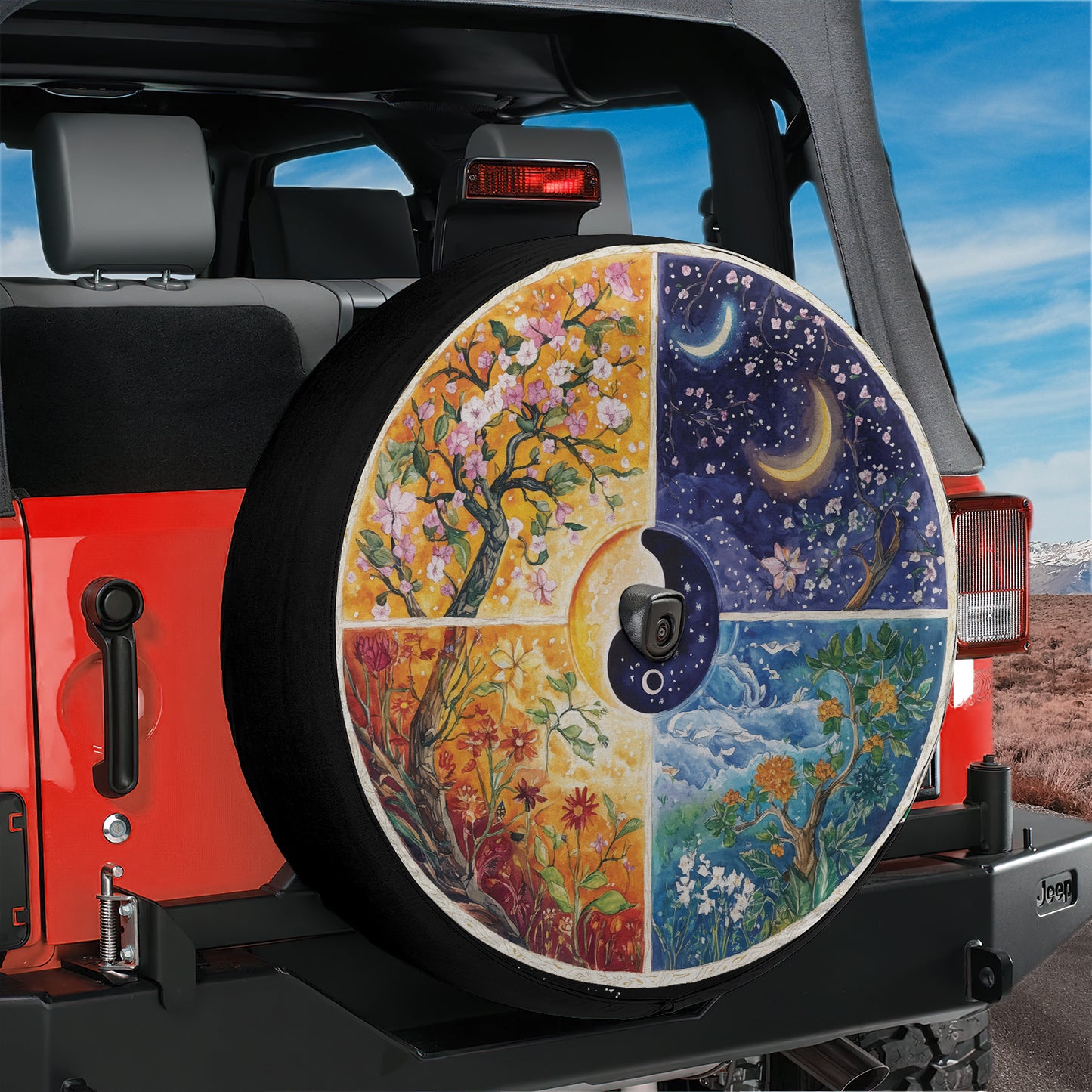 a jeep with a painted wheel cover on the back of it