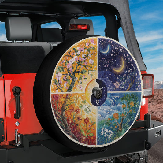 a jeep with a painted wheel cover on the back of it