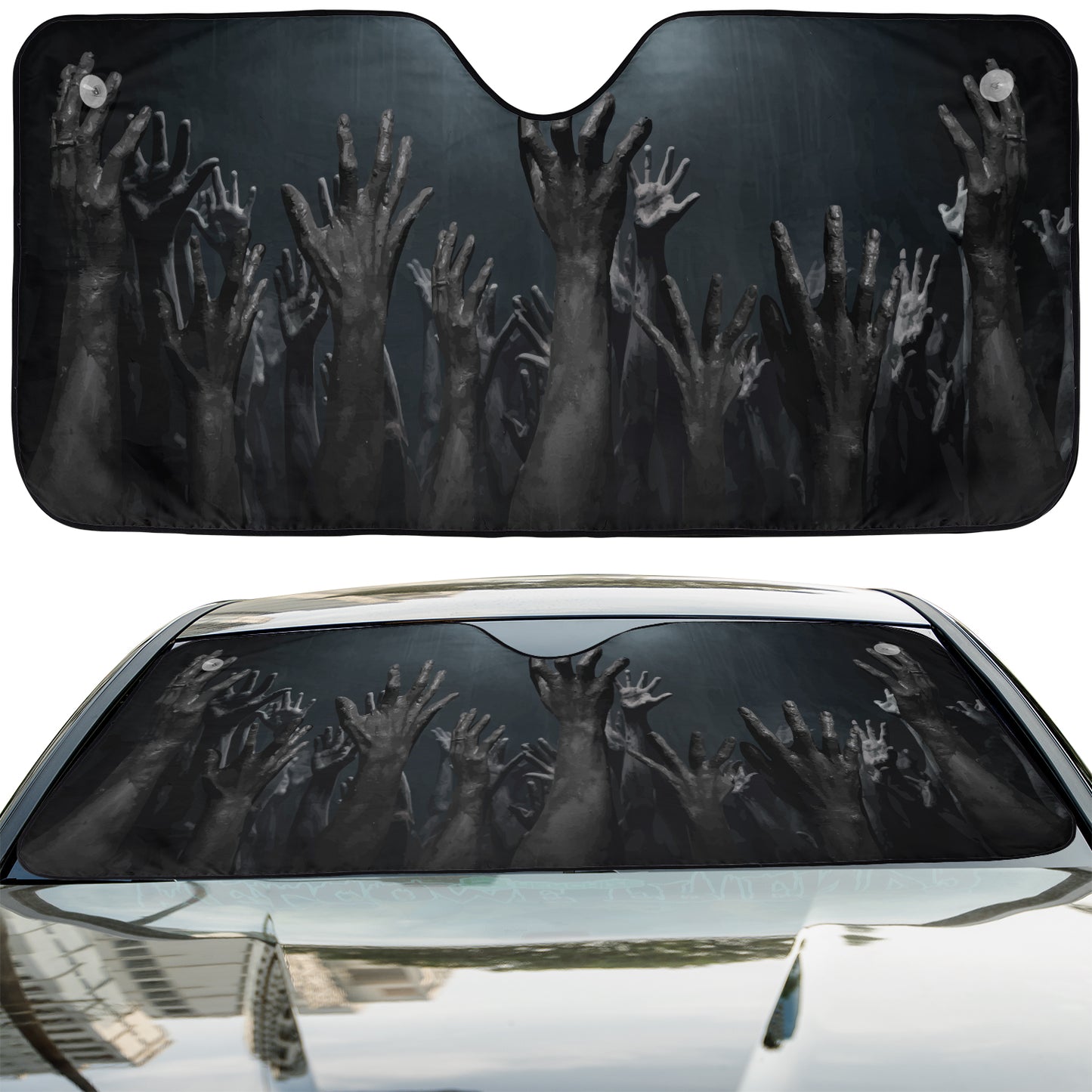 a car with a bunch of hands coming out of it