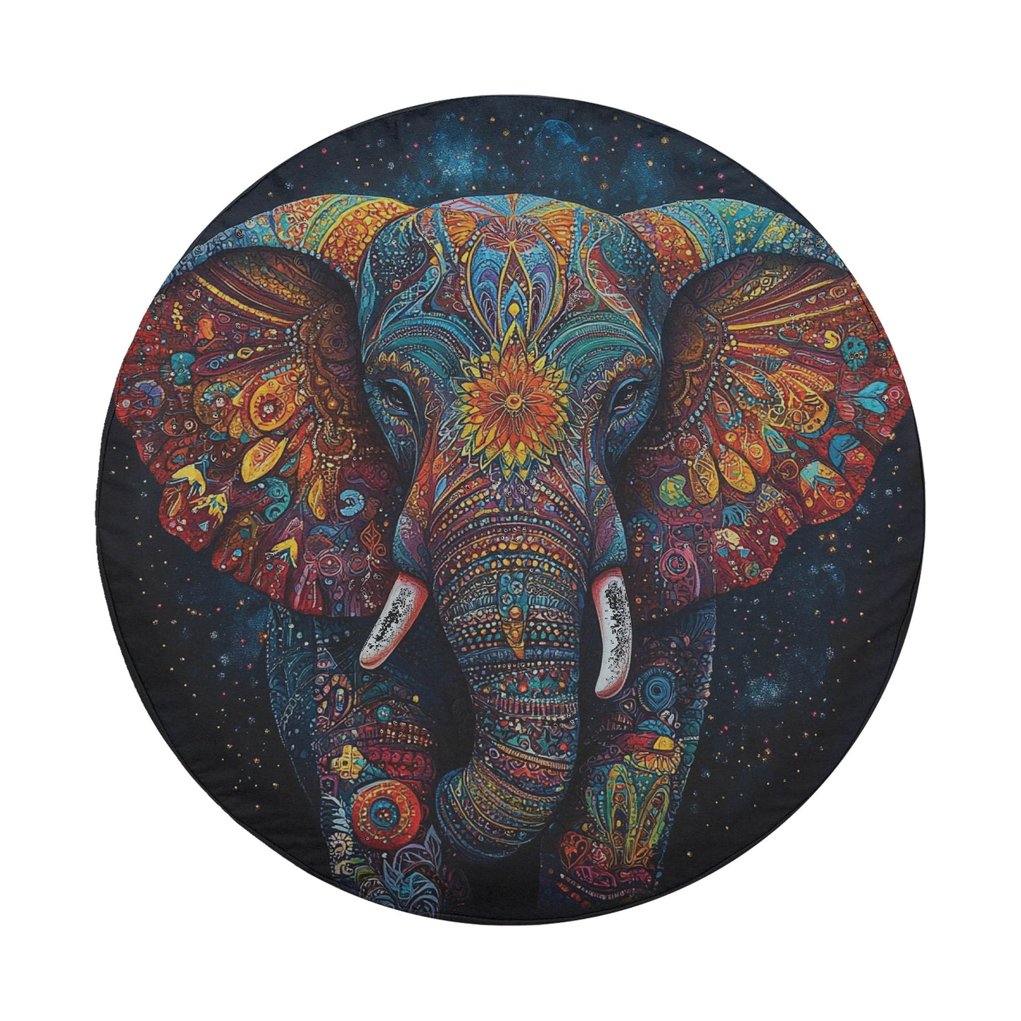 The image is a vibrant and intricate painting of an elephant, featuring a multitude of colors, patterns, and designs that create a visually striking and captivating piece of art.