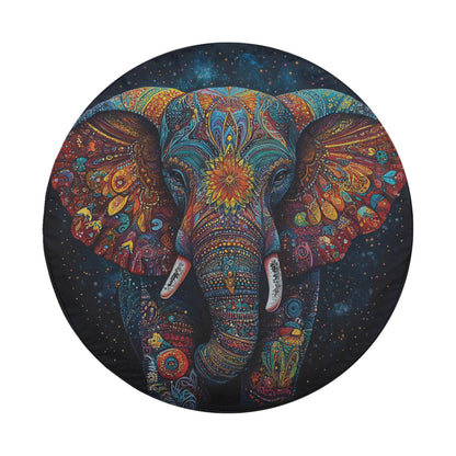 The image is a vibrant and intricate painting of an elephant, featuring a multitude of colors, patterns, and designs that create a visually striking and captivating piece of art.