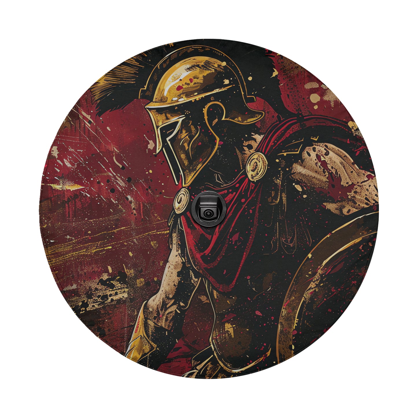 a warrior in a golden helmet and red cape, standing in a fighting stance with a shield in hand.