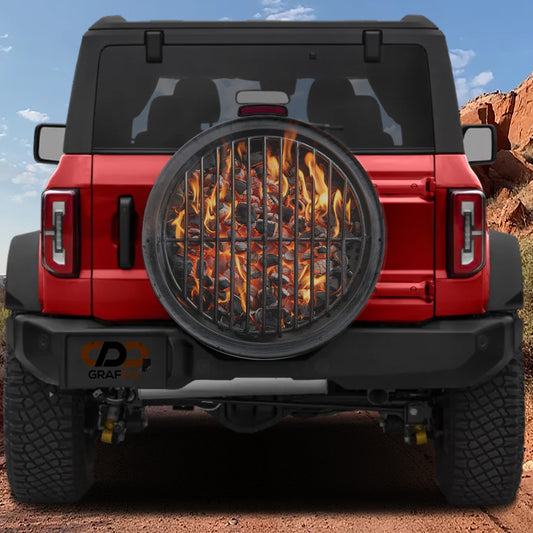 a red Jeep Wrangler with a grill on the rear, displaying a fire-like pattern.
