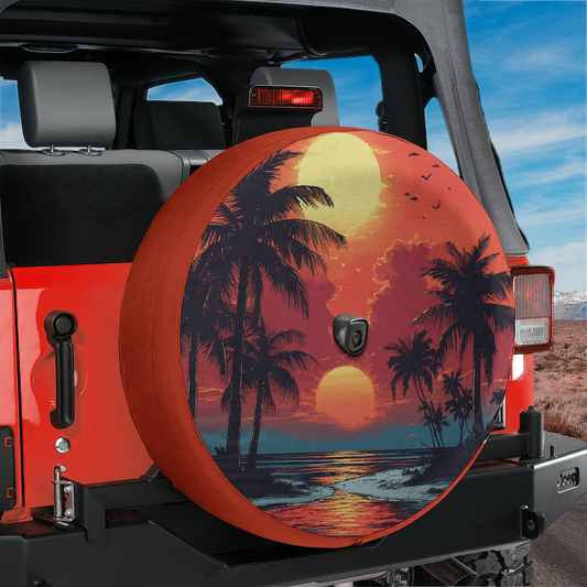 a tire cover with a sunset and palm trees painted on it