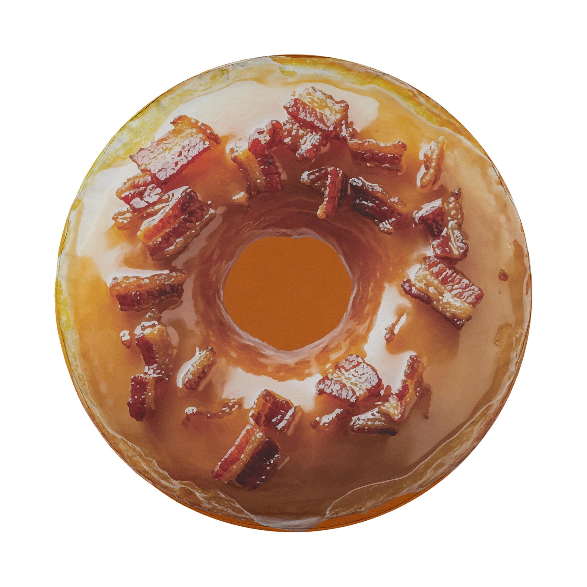 A glazed donut with bacon bits on top.