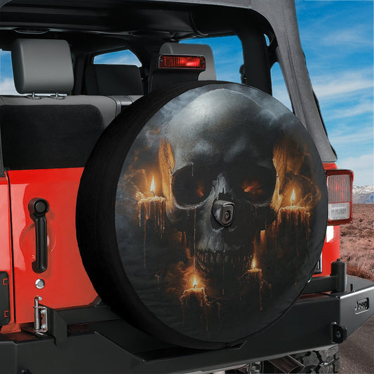 a tire cover with a picture of a skull on it